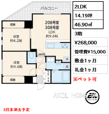 2LDK 46.90㎡  賃料¥268,000 管理費¥15,000 敷金1ヶ月 礼金1ヶ月 3月末退去予定