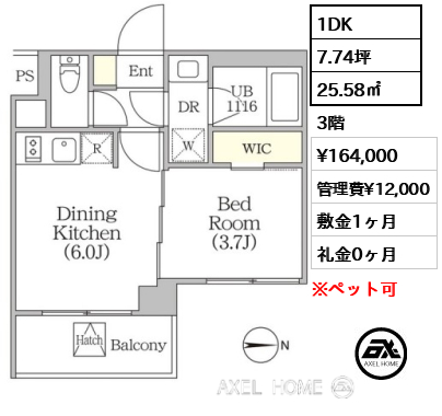 1DK 25.58㎡  賃料¥164,000 管理費¥12,000 敷金1ヶ月 礼金0ヶ月