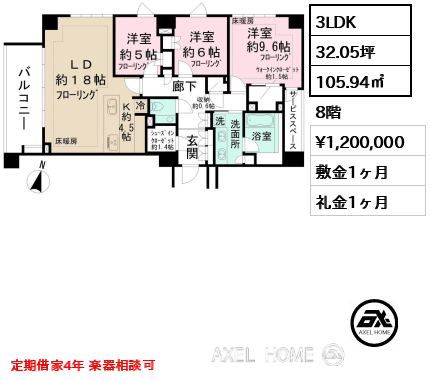 3LDK 105.94㎡  賃料¥1,200,000 敷金1ヶ月 礼金1ヶ月 定期借家4年 楽器相談可