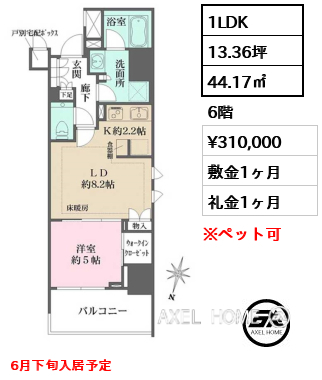 1LDK 44.17㎡  賃料¥310,000 敷金1ヶ月 礼金1ヶ月 6月下旬入居予定