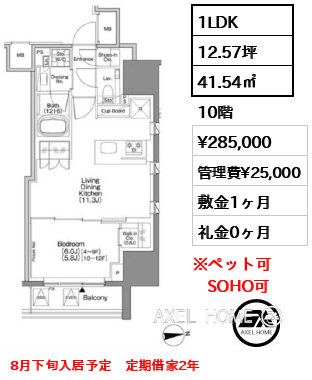 1LDK 41.54㎡  賃料¥285,000 管理費¥25,000 敷金1ヶ月 礼金0ヶ月 8月下旬入居予定　定期借家2年