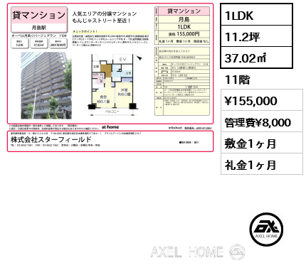 1LDK 37.02㎡  賃料¥155,000 管理費¥8,000 敷金1ヶ月 礼金1ヶ月