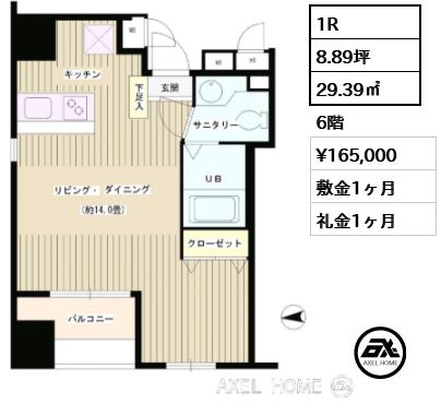 1R 29.39㎡  賃料¥165,000 敷金1ヶ月 礼金1ヶ月 12月中旬退去予定
