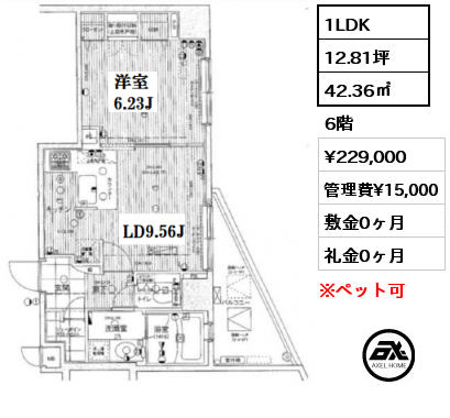 1LDK 42.36㎡ 6階 賃料¥229,000 管理費¥15,000 敷金0ヶ月 礼金0ヶ月 3/26退去予定