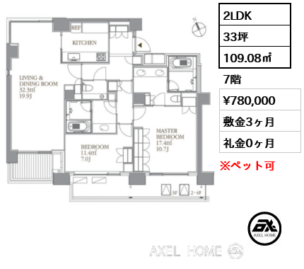 2LDK 109.08㎡  賃料¥780,000 敷金3ヶ月 礼金0ヶ月
