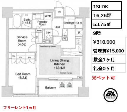 1SLDK 53.75㎡ 9階 賃料¥318,000 管理費¥15,000 敷金1ヶ月 礼金0ヶ月 フリーレント1ヵ月　