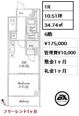 1R 34.74㎡ 6階 賃料¥175,000 管理費¥10,000 敷金1ヶ月 礼金1ヶ月 フリーレント1ヶ月