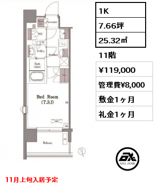 1K 25.32㎡ 11階 賃料¥119,000 管理費¥8,000 敷金1ヶ月 礼金1ヶ月 11月上旬入居予定