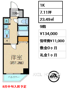 1K 23.49㎡  賃料¥134,000 管理費¥11,000 敷金0ヶ月 礼金1ヶ月 8月中旬入居予定