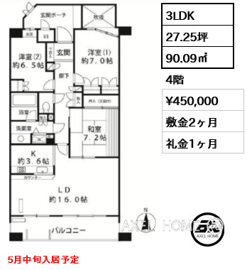 3LDK 90.09㎡  賃料¥450,000 敷金2ヶ月 礼金1ヶ月 5月中旬入居予定