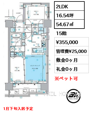 2LDK 54.67㎡  賃料¥355,000 管理費¥25,000 敷金0ヶ月 礼金0ヶ月 1月下旬入居予定