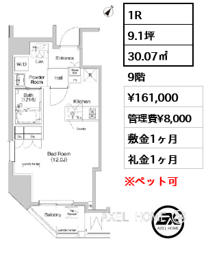 1R 30.07㎡  賃料¥161,000 管理費¥8,000 敷金1ヶ月 礼金1ヶ月