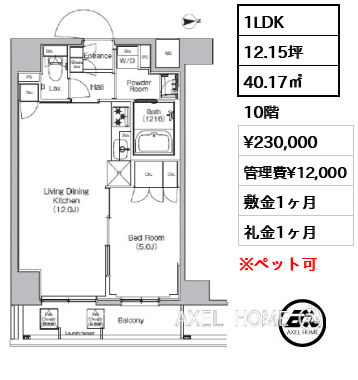1LDK 40.17㎡  賃料¥230,000 管理費¥12,000 敷金1ヶ月 礼金1ヶ月 　