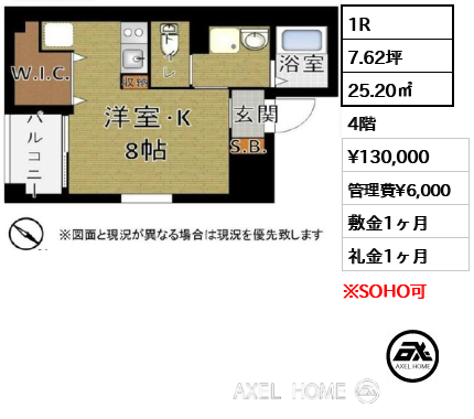 1R 25.20㎡  賃料¥130,000 管理費¥6,000 敷金1ヶ月 礼金1ヶ月