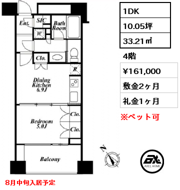1DK 33.21㎡ 4階 賃料¥161,000 敷金2ヶ月 礼金1ヶ月 8月中旬入居予定