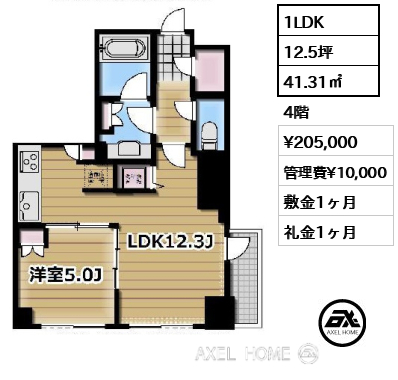 1LDK 41.31㎡  賃料¥205,000 管理費¥10,000 敷金1ヶ月 礼金1ヶ月