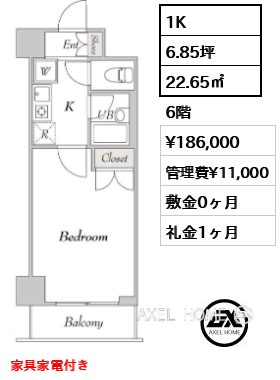 1K 22.65㎡  賃料¥186,000 管理費¥11,000 敷金0ヶ月 礼金1ヶ月 家具家電付き
