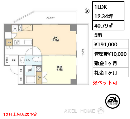 1LDK 40.79㎡  賃料¥195,000 管理費¥10,000 敷金1ヶ月 礼金1ヶ月 12月上旬入居予定