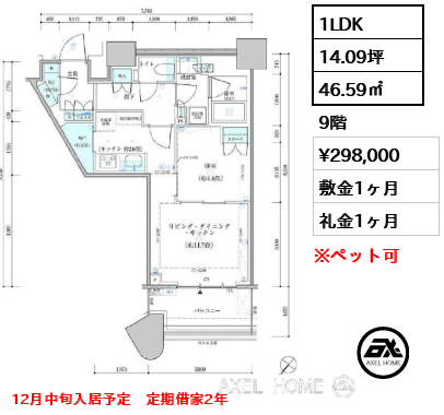 1LDK 46.59㎡  賃料¥305,000 敷金1ヶ月 礼金2ヶ月 12月中旬入居予定　定期借家2年