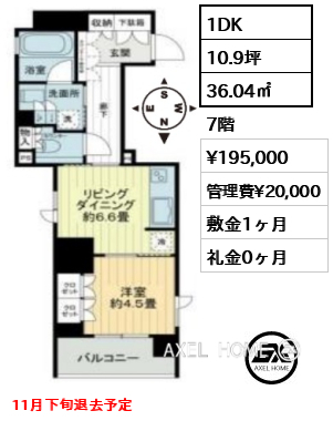 1DK 36.04㎡  賃料¥195,000 管理費¥20,000 敷金1ヶ月 礼金0ヶ月 11月下旬退去予定　