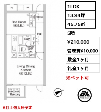 1LDK 45.75㎡ 5階 賃料¥210,000 管理費¥10,000 敷金1ヶ月 礼金1ヶ月 6月上旬入居予定