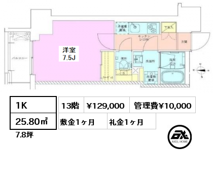 1K 25.80㎡ 13階 賃料¥129,000 管理費¥10,000 敷金1ヶ月 礼金1ヶ月