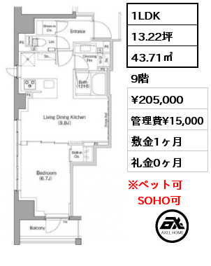 1LDK 43.71㎡ 9階 賃料¥205,000 管理費¥15,000 敷金1ヶ月 礼金0ヶ月