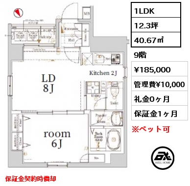 1LDK 40.67㎡ 9階 賃料¥185,000 管理費¥10,000 礼金0ヶ月 保証金契約時償却