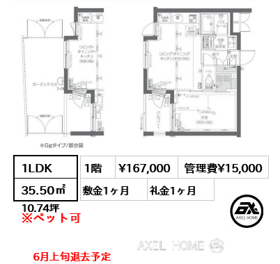 1LDK 35.50㎡  賃料¥167,000 管理費¥15,000 敷金1ヶ月 礼金1ヶ月 6月上旬退去予定