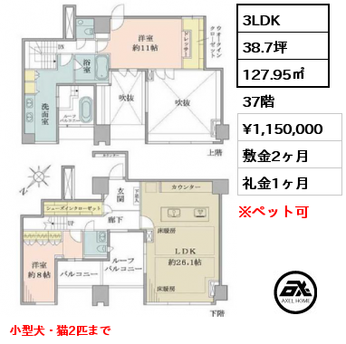 3LDK 127.95㎡ 37階 賃料¥1,150,000 敷金2ヶ月 礼金1ヶ月 小型犬・猫2匹まで