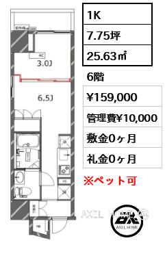1K 25.63㎡  賃料¥159,000 管理費¥10,000 敷金0ヶ月 礼金0ヶ月