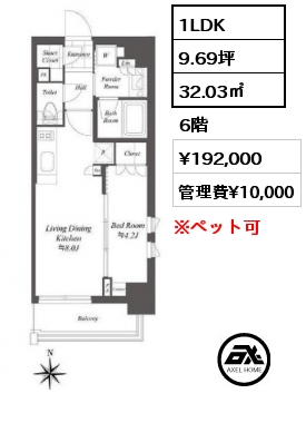 1LDK 32.03㎡ 6階 賃料¥192,000 管理費¥10,000