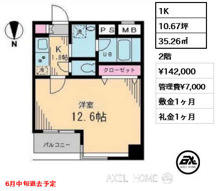 1K 35.26㎡  賃料¥142,000 管理費¥7,000 敷金1ヶ月 礼金1ヶ月 6月中旬退去予定