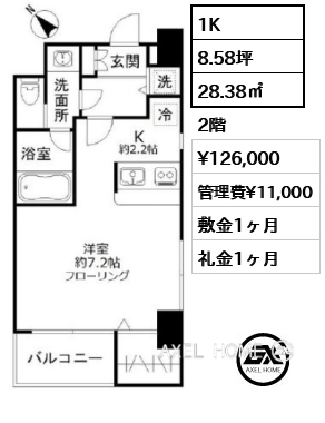 1K 28.38㎡  賃料¥126,000 管理費¥11,000 敷金1ヶ月 礼金1ヶ月