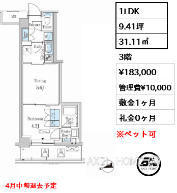 1LDK 31.11㎡  賃料¥183,000 管理費¥10,000 敷金1ヶ月 礼金0ヶ月 4月中旬退去予定