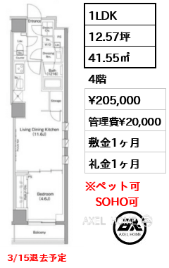 1LDK 41.55㎡  賃料¥205,000 管理費¥20,000 敷金1ヶ月 礼金1ヶ月 3/15退去予定　
