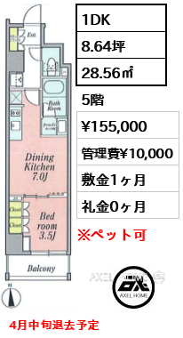 1DK 28.56㎡  賃料¥155,000 管理費¥10,000 敷金1ヶ月 礼金0ヶ月 4月中旬退去予定