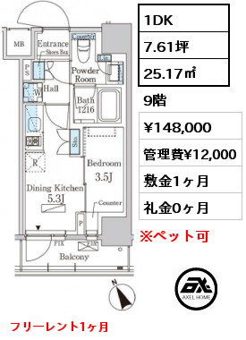 1DK 25.17㎡ 9階 賃料¥148,000 管理費¥12,000 敷金1ヶ月 礼金0ヶ月 フリーレント1ヶ月