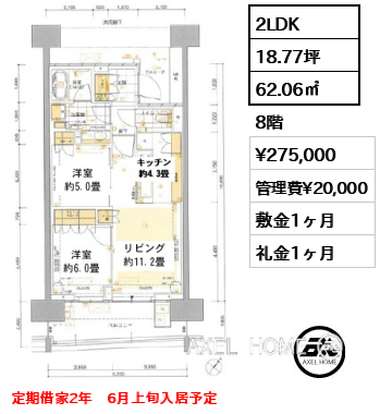2LDK 62.06㎡  賃料¥275,000 管理費¥20,000 敷金1ヶ月 礼金1ヶ月 定期借家2年　6月上旬入居予定