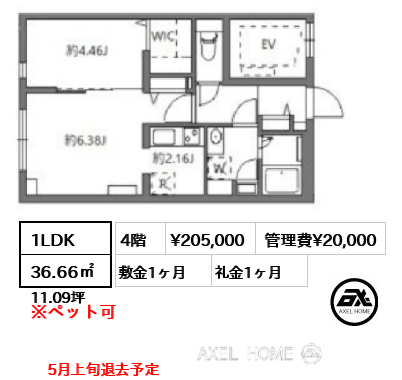 1LDK 36.66㎡  賃料¥205,000 管理費¥20,000 敷金1ヶ月 礼金1ヶ月 5月上旬退去予定