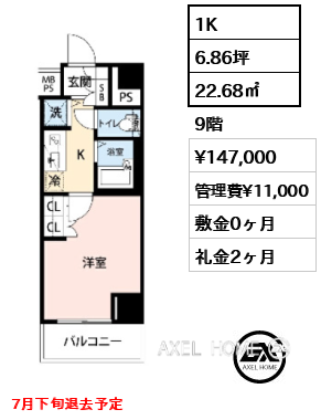 1K 22.68㎡  賃料¥147,000 管理費¥11,000 敷金0ヶ月 礼金2ヶ月 7月下旬退去予定