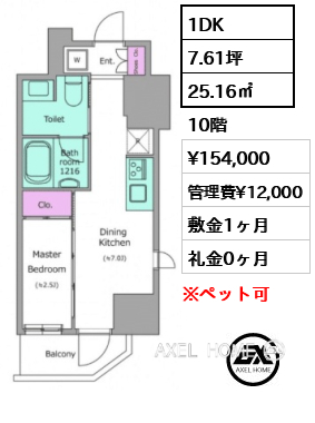 1DK 25.16㎡  賃料¥154,000 管理費¥12,000 敷金1ヶ月 礼金0ヶ月