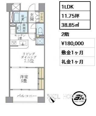 1LDK 38.85㎡  賃料¥180,000 敷金1ヶ月 礼金1ヶ月