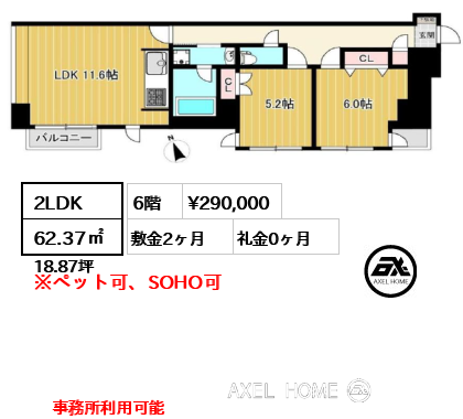 2LDK 62.37㎡  賃料¥290,000 敷金2ヶ月 礼金0ヶ月 事務所利用可能