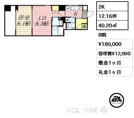 2K 40.20㎡  賃料¥180,000 管理費¥12,000 敷金1ヶ月 礼金1ヶ月