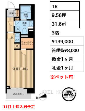1R 31.6㎡  賃料¥139,000 管理費¥8,000 敷金1ヶ月 礼金1ヶ月 11月上旬入居予定