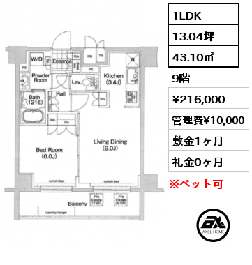 1LDK 43.10㎡ 9階 賃料¥216,000 管理費¥10,000 敷金1ヶ月 礼金0ヶ月