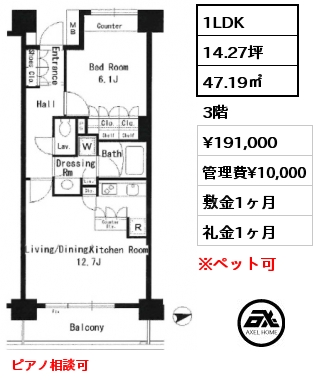 1LDK 47.19㎡ 3階 賃料¥191,000 管理費¥10,000 敷金1ヶ月 礼金1ヶ月 ピアノ相談可　