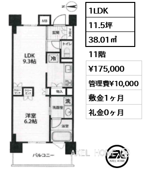 1LDK 38.01㎡  賃料¥175,000 管理費¥10,000 敷金1ヶ月 礼金0ヶ月