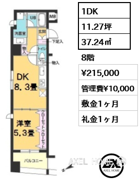 1DK 37.24㎡  賃料¥215,000 管理費¥10,000 敷金1ヶ月 礼金1ヶ月